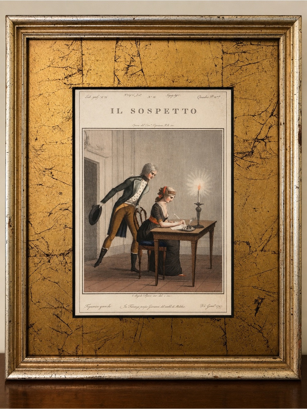 Antique 1797 Italian Engraving “Il Sospetto” Framed Hand Colored Art Print